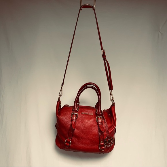 🆕 MICHAEL KORS Red Bedford Pebble Leather Satchel Shoulder Bag Medium Christmas - Picture 1 of 15